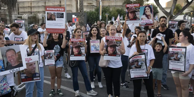 Family members of people taken hostage in Israel on Oct. 7 hold a demonstration in Tel Aviv on Oct. 26 calling on the government to bring them home. Photo: Amir Levy/Getty Images