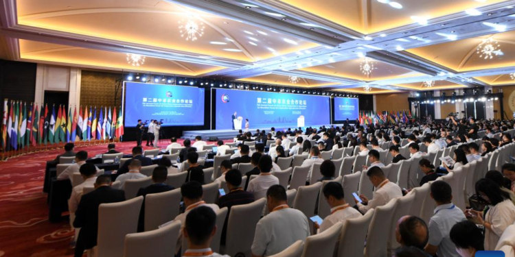 This photo taken on Nov. 14, 2023 shows the opening ceremony of the 2nd Forum on China-Africa Cooperation in Agriculture in Sanya, south China's Hainan Province. The three-day forum kicked off here on Tuesday. (Xinhua/Yang Guanyu)