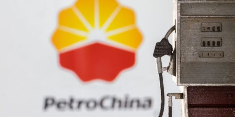 Model of petrol pump is seen in front of PetroChina logo in this illustration taken March 25, 2022. REUTERS/Dado Ruvic/Illustration Acquire Licensing Rights