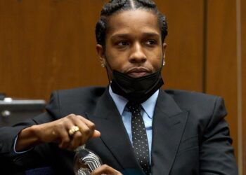 Rakim Mayers, aka A$AP Rocky, drinks water during a preliminary hearing at the Clara Shortridge Foltz Criminal Justice Centre in Los Angeles, California, Monday, November 20, 2023. (Allison Dinner/Pool Photo via AP)