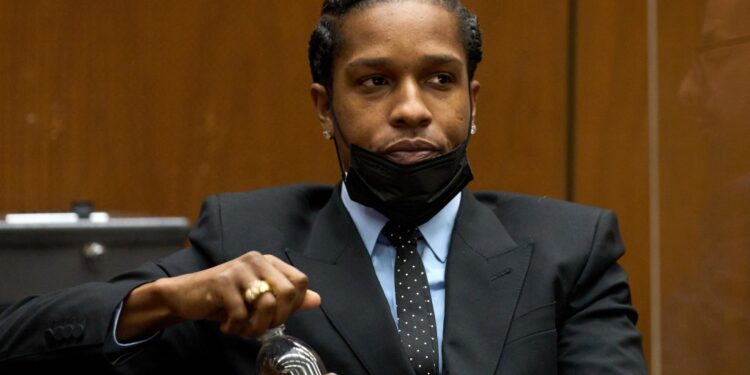 Rakim Mayers, aka A$AP Rocky, drinks water during a preliminary hearing at the Clara Shortridge Foltz Criminal Justice Centre in Los Angeles, California, Monday, November 20, 2023. (Allison Dinner/Pool Photo via AP)