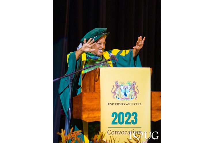Guyana-born actress, Dr Carol Christine Hilaria Pounder fondly known as CCH Pounder speaking at the University of Guyana's graduation ceremony on Saturday, November 11, 2023. She was conferred with a Doctorate Degree in Excellence in Fine Arts and Civic Engagement. (Photo credit: University of Guyana)