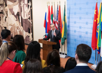 Chinese Foreign Minister Wang Yi meets the press after presiding over a high-level meeting of the UN Security Council on the Palestinian-Israeli issue at the UN headquarters in New York, November 29, 2023. /Xinhua