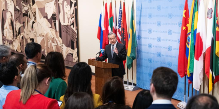 Chinese Foreign Minister Wang Yi meets the press after presiding over a high-level meeting of the UN Security Council on the Palestinian-Israeli issue at the UN headquarters in New York, November 29, 2023. /Xinhua
