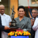 Sachin Tendulkar was presented with a replica of his statue•ICC/Getty Images