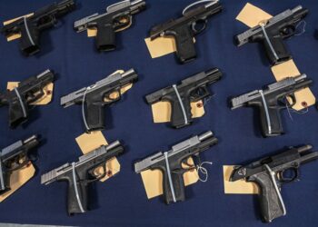 Guns seized in federal law enforcement actions are displayed during a press conference to announce a crackdown on firearms and ammunition smuggling to Haiti and the Caribbean at the Homeland Security Investigations offices in Miami, Florida on August 17, 2022. (Photo by Giorgio Viera / AFP) (Photo by GIORGIO VIERA/AFP via Getty Images)