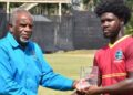 Johnson receiving his Player of the Match Award following his unbeaten 40 that led the West Indies Academy to a seven-wicket victory over Emerging Ireland.