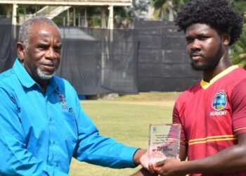 Johnson receiving his Player of the Match Award following his unbeaten 40 that led the West Indies Academy to a seven-wicket victory over Emerging Ireland.