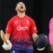 Phil Salt roars with delight after he scored a second successive century to lead England to victory in Trinidad. Photograph: Ricardo Mazalán/AP