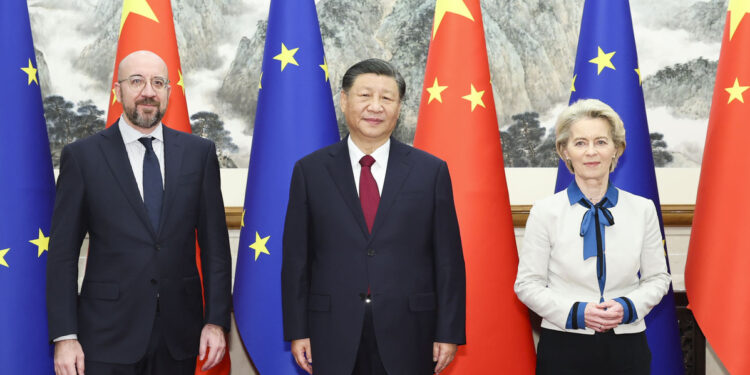 President Xi Jinping meets with President of the European Council Charles Michel and President of the European Commission Ursula von der Leyen, who are in China for the 24th China-EU Summit at the Diaoyutai State Guesthouse, Dec 7, 2023. [Photo/Xinhua]