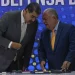 Venezuela's President Nicolas Maduro, left, speaks with National Electoral Council President Elvis Hidrobo Amoroso during the notification ceremony for the referendum about the future of a disputed territory with Guyana, in Caracas, Venezuela, Monday, Dec. 4, 2023. (AP Photo/Ariana Cubillos)
