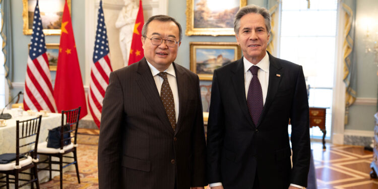 Secretary Antony J. Blinken meets with Peoples Republic of China CCP International Liaison Department Minister Liu Jianchao at the Department of State in Washington, D.C., January 12, 2024. (POLARIS)