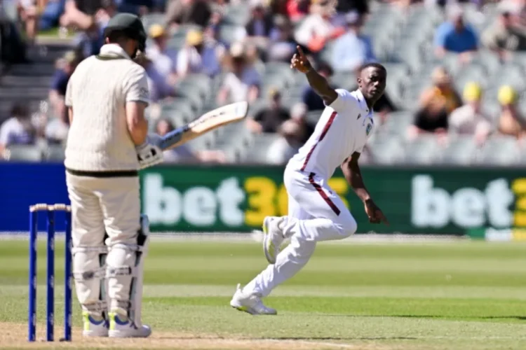 Shamar Joseph became the 23rd man to dismiss a batter with his first ball in Test cricket • AFP/Getty Images