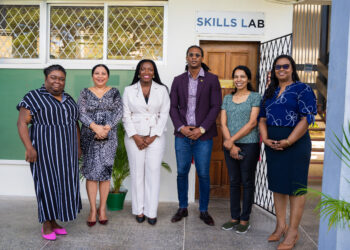 Stakeholders of the recently unveiled Skills and Anatomy Lab 
Left to right: 
Dr. Martina Mc. Kenzie – Assistant Dean, College of Medical Sciences, 
Professor Paloma Mohamed, Vice Chancellor – UG 
Dr. Cecil Boston, Dean, College of Medical Sciences  
Professor Rajni Karup, Dean of Graduate Studies, College of Medical Sciences 
Dr. Roberta Martin, 3rd Year MBBS Coordinator, College of Medical Sciences