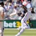 Shamar Joseph celebrates the wicket of Steve Smith with his first ball in Test cricket.