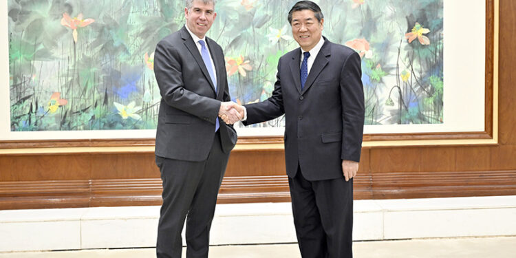 He Lifeng, Chinese vice premier and Chinese lead person for China-U.S. economic and trade affairs, meets with a delegation led by Jay Shambaugh, under secretary for international affairs at the U.S. Department of the Treasury, in Beijing, capital of China, Feb. 6, 2024. (Xinhua/Yin Bogu)