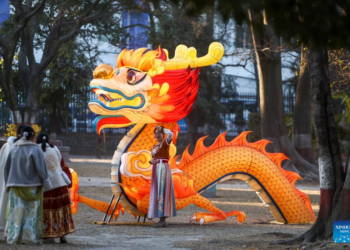 A girl poses for photos with a dragon-shaped light decoration during a lantern show in Kathmandu, Nepal, Feb 7, 2024. [Photo/Xinhua]