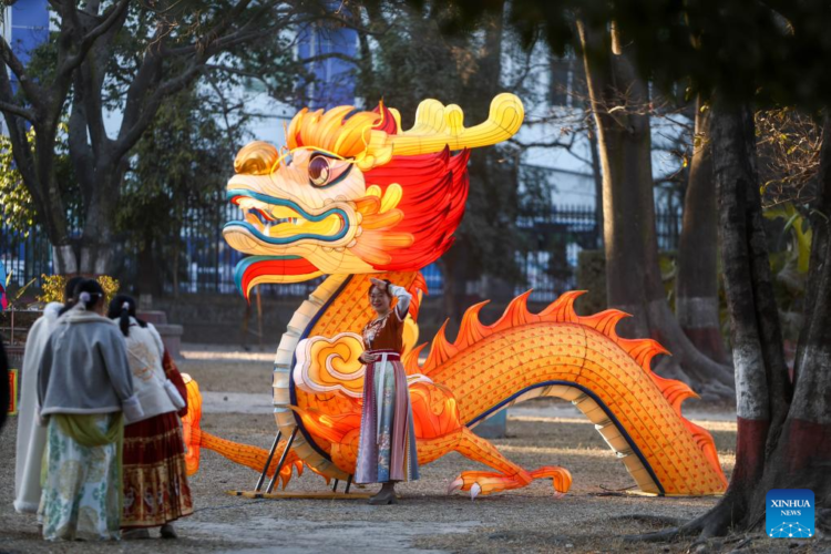 A girl poses for photos with a dragon-shaped light decoration during a lantern show in Kathmandu, Nepal, Feb 7, 2024. [Photo/Xinhua]