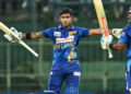 Sri Lanka's Pathum Nissanka (L) celebrates after scoring a double century (200 runs) as Charith Asalanka during the first one-day international(AFP)