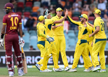 Australia beat West Indies with eight wickets and a record-breaking 259 balls remaining in the third ODI at Manuka Oval in Canberra. Photograph: Lukas Coch/AAP