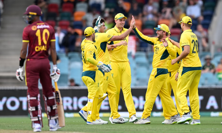 Australia beat West Indies with eight wickets and a record-breaking 259 balls remaining in the third ODI at Manuka Oval in Canberra. Photograph: Lukas Coch/AAP
