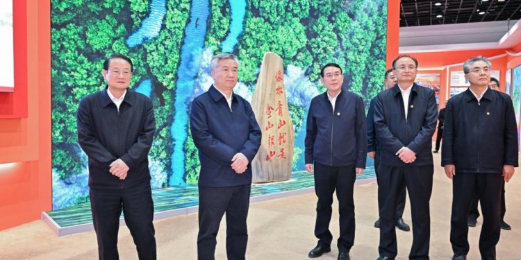 Li Xi, a member of the Standing Committee of the Political Bureau of the Communist Party of China (CPC) Central Committee and secretary of the CPC Central Commission for Discipline Inspection, visits an exhibition on the "Double-Eight" strategy in east China's Zhejiang Province, March 19, 2024. Li Xi was on a fact-finding mission to east China's Zhejiang Province between March 18 and 21. (Xinhua/Yue Yuewei)