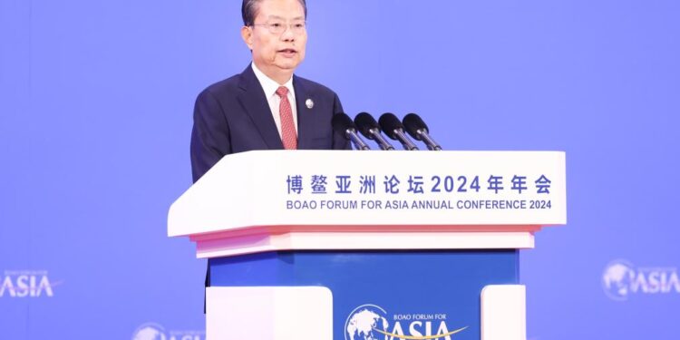 Zhao Leji, chairman of the National People's Congress Standing Committee, delivers a keynote speech while attending the opening ceremony of the Boao Forum for Asia Annual Conference 2024 in Boao, south China's Hainan Province, March 28, 2024. (Xinhua/Pang Xinglei)