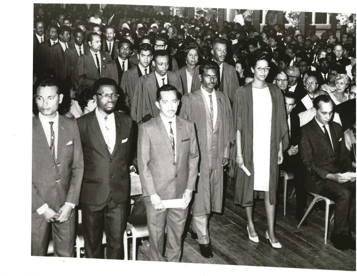 The first group of students to graduate from the University of Guyana in 1967 at the Institution’s Convocation Ceremony  held at Queen’s College. (UG Photo)