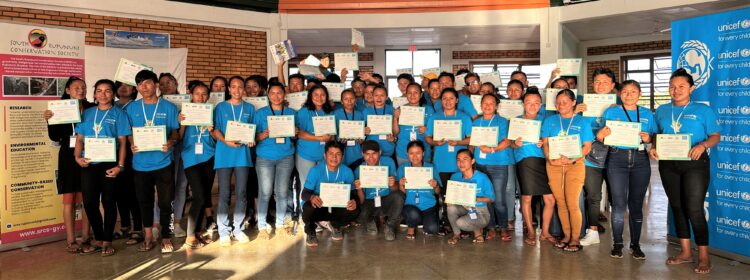 Participants at the Youth Climate Change Forum in Lethem pose with certificate of participation at the end of the three-day.