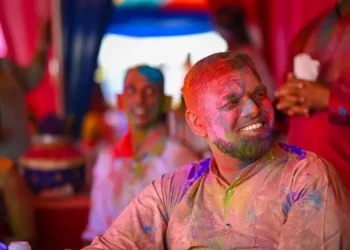 President Dr Mohamed Irfaan Ali at the Holi festival at State House in New Amsterdam, Region Six