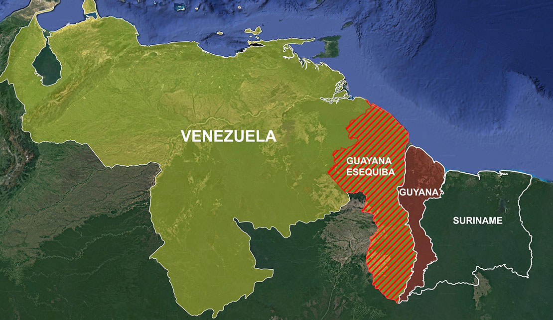 Map indicating the Venezuela Guyana Essequibo region controversy
