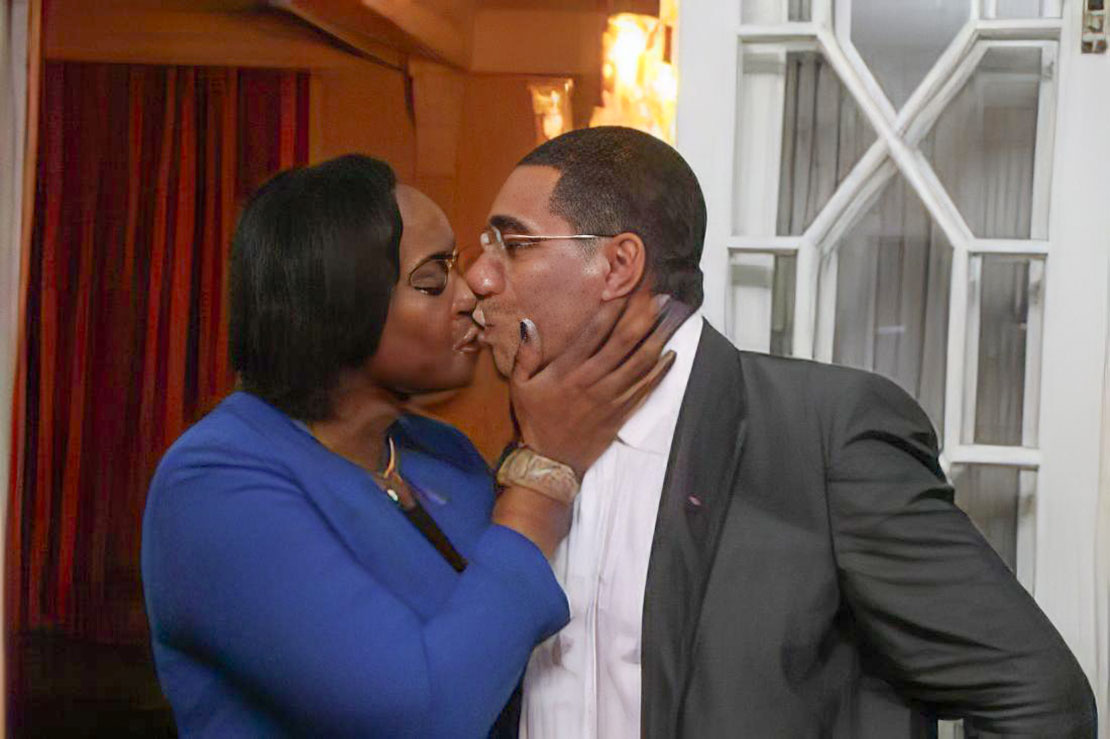 Prime Minister Andrew Holness in a loving embrace with his spouse, Member of Parliament Juliet Holness, who is also the Speaker of The House of Representatives. Opposition Leader Mark Golding drew the ire of the governing Jamaica Labour Party on Tuesday, including Prime Minister Andrew Holness, when he made a statement about House Speaker Juliet Holness, who is also the wife of Jamaica's head of government