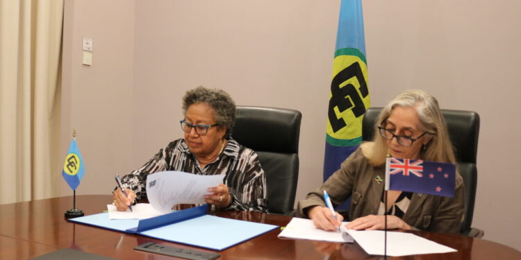 CARICOM Secretary-General, Dr. Carla Barnett, and the new Plenipotentiary Representative of New Zealand to CARICOM, Her Excellency Linda Charlotte Te Puni, signed a Grant Funding Agreement