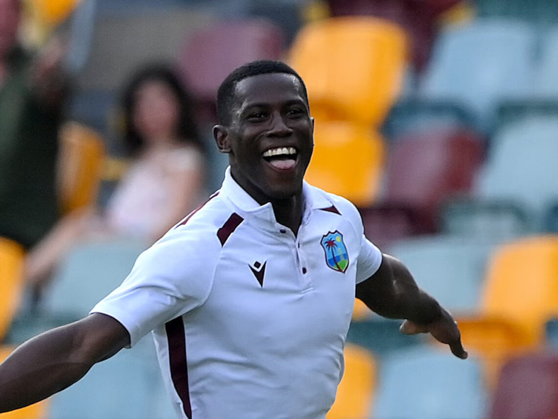 Shamar Joseph celebrates in Adelaide against Australia