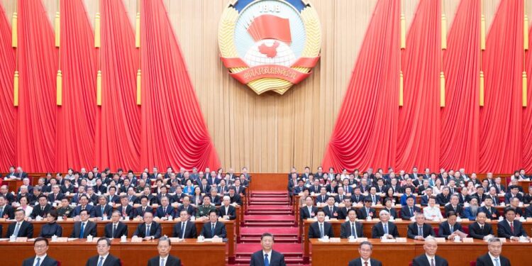 Chinese leaders Xi Jinping, Li Qiang, Zhao Leji, Cai Qi, Ding Xuexiang, Li Xi, and Han Zheng attend the closing meeting of the second session of the 14th National Committee of the Chinese People's Political Consultative Conference (CPPCC) at the Great Hall of the People in Beijing, capital of China, March 10, 2024. (Xinhua/Huang Jingwen)
