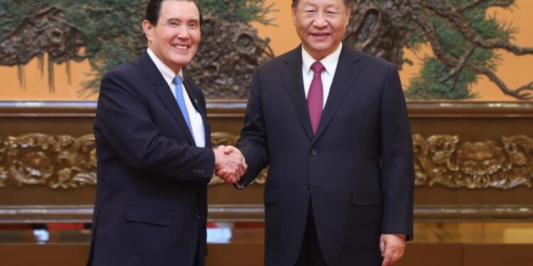 Xi Jinping, general secretary of the Communist Party of China Central Committee, meets with Ma Ying-jeou in Beijing, capital of China, April 10, 2024. (Xinhua/Ju Peng)
