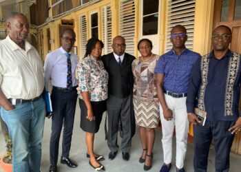 (L-R) GTUC General Secty Lincoln Lewis, GTU 2nd Vice President Julian Cambridge, GTU Member, Senior Counsel Roysdale Forde, GTU General Secty Coretta McDonald, GTU Ex Member, GTU President Dr. Mark Lyte on April 19, 2024 after Justice Sandil Kissoon delivered his landmark ruling, upholding constitutional right to collective bargaining