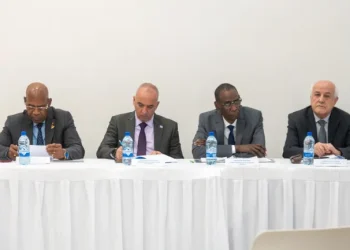 (from left): Chief of Protocol at the Ministry of Foreign Affairs and International Cooperation, Ambassador Ivan Evelyn; Permanent Representative of Cuba and Vice Chairman of the Committee, Ambassador Ernesto Guzman; Permanent Representative of Senegal and Chairman of the Committee, Ambassador Cheikh Niang; and Permanent Observer of Palestine to the United Nations, Ambassador Riyad Mansour (DPI photo)