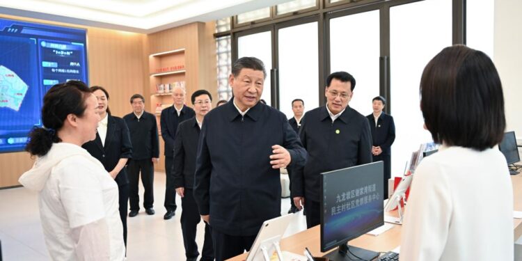 Chinese President Xi Jinping, also general secretary of the Communist Party of China Central Committee and chairman of the Central Military Commission, learns about the municipality's efforts in carrying out urban renewal projects and ensuring and improving the people's wellbeing while visiting a community in Jiulongpo District in southwest China's Chongqing Municipality, April 22, 2024. Xi inspected southwest China's Chongqing Municipality from Monday to Tuesday. (Xinhua/Xie Huanchi)