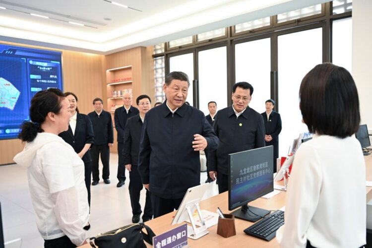 Chinese President Xi Jinping, also general secretary of the Communist Party of China Central Committee and chairman of the Central Military Commission, learns about the municipality's efforts in carrying out urban renewal projects and ensuring and improving the people's wellbeing while visiting a community in Jiulongpo District in southwest China's Chongqing Municipality, April 22, 2024. Xi inspected southwest China's Chongqing Municipality from Monday to Tuesday. (Xinhua/Xie Huanchi)