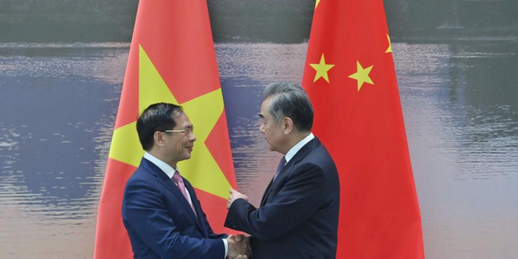 Chinese Foreign Minister Wang Yi, also a member of the Political Bureau of the Communist Party of China Central Committee, meets with Vietnamese Foreign Minister Bui Thanh Son in south China's Guangxi Zhuang Autonomous Region, April 4, 2024. (Xinhua/Huang Xiaobang)
