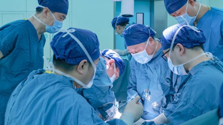A team led by Qin Weijun, a doctor at Xijing Hospital of the Air Force Medical University, performs a surgery to transplant a genetically modified pig kidney into a brain-dead recipient at the hospital in Xi'an, northwest China's Shaanxi Province, March 25, 2024. /Xijing Hospital of the Air Force Medical University via Xinhua