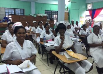 Nurse education students during a lecture as part of the hybrid certificate program in Guyana offered through a collaboration between the UM School of Nursing and Health Studies (SONHS) and the Pan-American Health Organization/World Health Organization (PAHO/WHO).