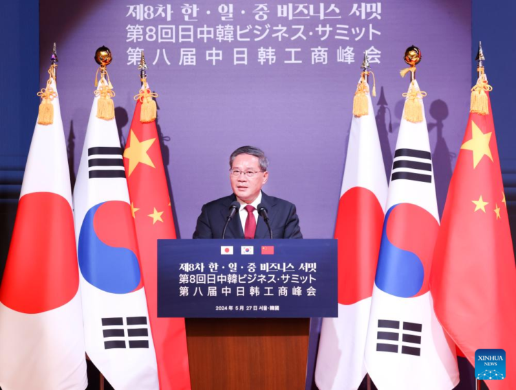Chinese Premier Li Qiang speaks at the eighth business summit among China, Japan and South Korea, in Seoul, South Korea, May 27, 2024. Li attended the business summit with South Korean President Yoon Suk-yeol and Japanese Prime Minister Fumio Kishida on Monday. (Xinhua/Pang Xinglei)