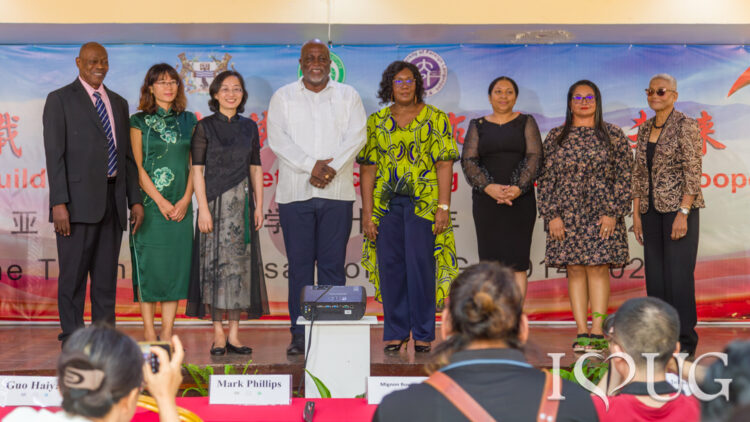 From left: Director of the CIUG, Mr Al Creighton; Chinese Director of the CIUG, Zhiyan Guo; Chinese Ambassador to Guyana, H.E. Guo Haiyan; Prime Minister of Guyana, Brigadier Mark Phillips and Mrs Phillips; Vice-Chancellor Professor Paloma Mohamed Martin; Ms Somattie Sayrange; and Dean of the Faculty of Education and Humanities, Dr Roslyn Khan.