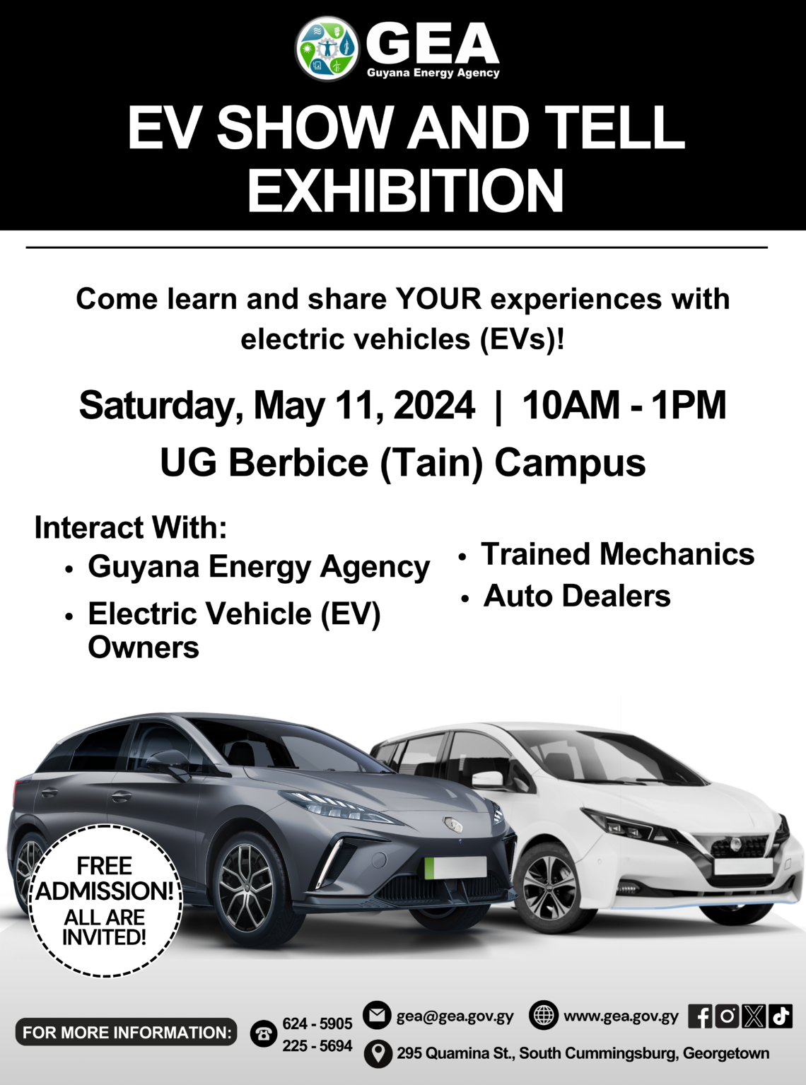The GEA is set to host its second EV Show and Tell Exhibition on Saturday, May 11, 2024, at the UG Berbice (Tain) Campus from 10:00AM to 1:00PM.