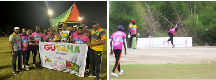 From Left Caribbean Airlines CEO, Garvin Medera with Team Demerara, Guyana, winners of the Caribbean Airlines Village Cricket T10 Tournament; and Team Demerara, Guyana in action against Team Southeast, Trinidad.