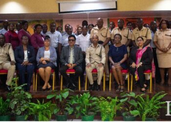 (Front Row From Centre to Right) Attorney General and Minister of Legal Affairs, Hon. Mohabir Anil Nandlall; Director of the Guyana Prison Service, Mr. Nicklon Elliot; Deputy Vice-Chancellor for Institutional Advancement, Dr. Mellissa Ifill; Project Manager for the Support for the Criminal Justice System (SCJS), Indira Anandjit; (second from left) Director of the Institute for Human Resiliency, Strategic Security, and the Future (IHRSSF), Mrs. Debbie Hopkinson; along with other officials of the Guyana Prison Service and the University of Guyana, and the first cohort for the Responders Course on Mental, Neurological, and Substance Abuse Disorders (MNS)
