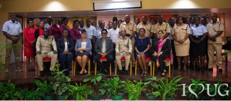 (Front Row From Centre to Right) Attorney General and Minister of Legal Affairs, Hon. Mohabir Anil Nandlall; Director of the Guyana Prison Service, Mr. Nicklon Elliot; Deputy Vice-Chancellor for Institutional Advancement, Dr. Mellissa Ifill; Project Manager for the Support for the Criminal Justice System (SCJS), Indira Anandjit; (second from left) Director of the Institute for Human Resiliency, Strategic Security, and the Future (IHRSSF), Mrs. Debbie Hopkinson; along with other officials of the Guyana Prison Service and the University of Guyana, and the first cohort for the Responders Course on Mental, Neurological, and Substance Abuse Disorders (MNS)
