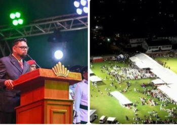 President Irfaan Ali addressing the sparse crowd that attended 2024 Independence Flag Raising Ceremony in Linden on May 25, 2024